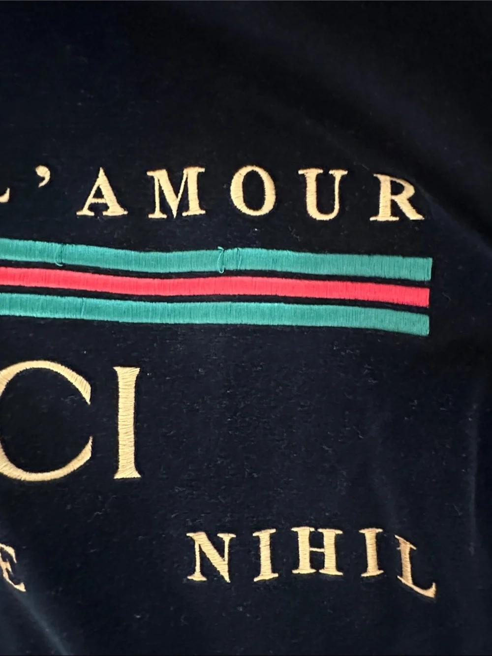 Gucci Black Velvet Zip-Up Bomber with Green & Red Stripe
